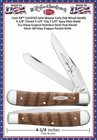 W.R. Case & Son's Cutlery CA10703 Case XX™ John Wayne Curly Oak Wood Handle 4-1/8" Closed 3 1/4" Clip 3 1/4" Spey Plain Blade Tru-Sharp Surgical Stainless Steel Oval Nickel Silver JW Inlay Trapper Pocket Knife W.R. Case & Son's Cutlery CA10703 Case XX™ John Wayne Curly Oak Wood Handle 4-1/8" Closed 3 1/4" Clip 3 1/4" Spey Plain Blade Tru-Sharp Surgical Stainless Steel Oval Nickel Silver JW Inlay Trapper Pocket Knife
