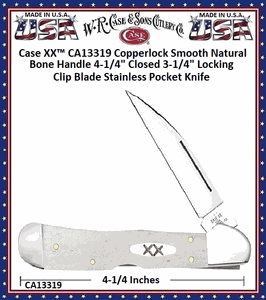 W.R. Case & Sons Cutlery CA13319 Case XX� Copperlock Smooth Natural Bone Handle 4-1/4" Closed 3-1/4" Locking Clip Blade Stainless Pocket Knife