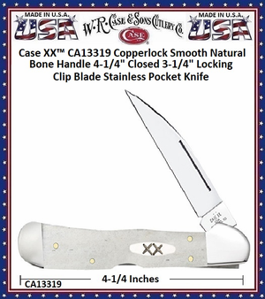 W.R. Case & Sons Cutlery CA13319 Case XX™ Copperlock Smooth Natural Bone Handle 4-1/4" Closed 3-1/4" Locking Clip Blade Stainless Pocket Knife W.R. Case & Sons Cutlery CA13319 Case XX™ Copperlock Smooth Natural Bone Handle 4-1/4" Closed 3-1/4" Locking Clip Blade Stainless Pocket Knife