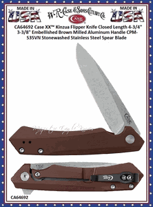 W.R. Case & Sons Cutlery CA64692 Case XX� Kinzua Flipper Knife Closed Length 4-3/4" 3-3/8" Embellished Brown Milled Aluminum Handle CPM-S35VN Stonewashed Stainless Steel Spear Blade