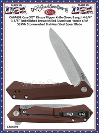 W.R. Case & Sons Cutlery CA64692 Case XX™ Kinzua Flipper Knife Closed Length 4-3/4" 3-3/8" Embellished Brown Milled Aluminum Handle CPM-S35VN Stonewashed Stainless Steel Spear Blade W.R. Case & Sons Cutlery CA64692 Case XX™ Kinzua Flipper Knife Closed Length 4-3/4" 3-3/8" Embellished Brown Milled Aluminum Handle CPM-S35VN Stonewashed Stainless Steel Spear Blade