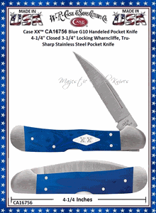 W.R. Case & Sons Cutlery CA16756 Case XX� Blue G10 Handeled Pocket Knife 4-1/4" Closed 3-1/4" Locking Wharncliffe, Tru-Sharp Stainless Steel Pocket Knife