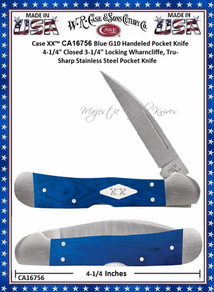 W.R. Case & Sons Cutlery CA16756 Case XX™ Blue G10 Handeled Pocket Knife 4-1/4" Closed 3-1/4" Locking Wharncliffe, Tru-Sharp Stainless Steel Pocket Knife W.R. Case & Sons Cutlery CA16756 Case XX™ Blue G10 Handeled Pocket Knife 4-1/4" Closed 3-1/4" Locking Wharncliffe, Tru-Sharp Stainless Steel Pocket Knife