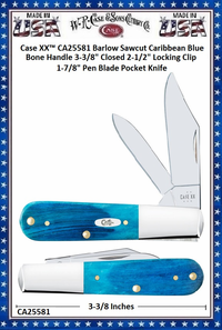 W.R. Case & Sons Cutlery CA25581 Case XX� Barlow Sawcut Caribbean Blue Bone Handle 3-3/8" Closed 2-1/2" Locking Clip 1-7/8" Pen Blade Pocket Knife