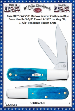W.R. Case & Sons Cutlery CA25581 Case XX™ Barlow Sawcut Caribbean Blue Bone Handle 3-3/8" Closed 2-1/2" Locking Clip 1-7/8" Pen Blade Pocket Knife W.R. Case & Sons Cutlery CA25581 Case XX™ Barlow Sawcut Caribbean Blue Bone Handle 3-3/8" Closed 2-1/2" Locking Clip 1-7/8" Pen Blade Pocket Knife