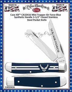 W.R. Case & Sons Cutlery CA32416 Case XX� U.S. Air Force� Mini Trapper Embellished Smooth Blue Synthetic Handle 3-1/2" Closed 2-3/4" Clip 2-3/4" Spey Blade Pocket Knife