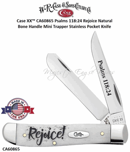 W.R. Case & Son's Cutlery CA60865 Case XX� Psalms 118:24 Rejoice Natural Bone Handle Mini Trapper Stainless Pocket Knife     