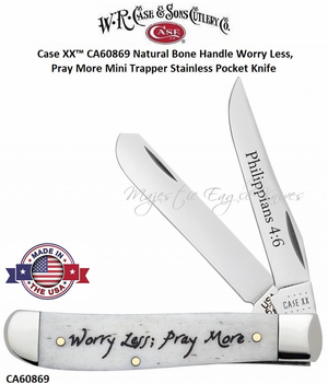 W.R. Case & Son's Cutlery CA60869 Case XX™ Natural Bone Handle Worry Less, Pray More Mini Trapper Stainless Pocket Knife W.R. Case & Son's Cutlery CA60869 Case XX™ Natural Bone Handle Worry Less, Pray More Mini Trapper Stainless Pocket Knife