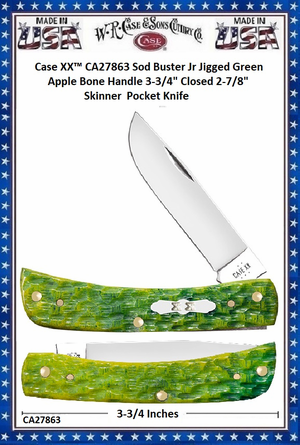 W.R. Case & Sons Cutlery CA27863 Case XX™ Sod Buster Jr Jigged Green Apple Bone Handle 3-3/4" Closed 2-7/8" Skinner Pocket Knife W.R. Case & Sons Cutlery CA27863 Case XX™ Sod Buster Jr Jigged Green Apple Bone Handle 3-3/4" Closed 2-7/8" Skinner Pocket Knife