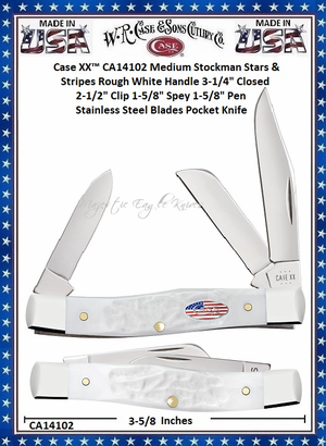 W.R. Case & Sons Cutlery CA14102 Case XX™ Medium Stockman Stars & Stripes Rough White Handle 3-1/4" Closed 2-1/2" Clip 1-5/8" Spey 1-5/8" Pen Stainless Steel Blades Pocket Knife W.R. Case & Sons Cutlery CA14102 Case XX™ Medium Stockman Stars & Stripes Rough White Handle 3-1/4" Closed 2-1/2" Clip 1-5/8" Spey 1-5/8" Pen Stainless Steel Blades Pocket Knife