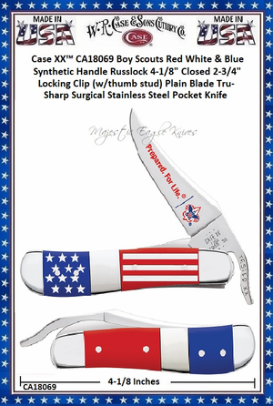 W.R. Case & Sons Cutlery CA18069 Case XX™ Boy Scouts Red White & Blue Synthetic Handle Russlock 4-1/8" Closed 2-3/4" Locking Clip (w/thumb stud) Plain Blade Tru-Sharp Surgical Stainless Steel Pocket Knife W.R. Case & Sons Cutlery CA18069 Case XX™ Boy Scouts Red White & Blue Synthetic Handle Russlock 4-1/8" Closed 2-3/4" Locking Clip (w/thumb stud) Plain Blade Tru-Sharp Surgical Stainless Steel Pocket Knife