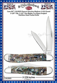 W.R. Case & Sons Cutlery CA12025 Case XX™ Peanut Genuine Abalone 2-3/4 Closed 2-1/8" Clip, 1-1/2" Pen Blades Tru-Sharp Surgical Stainless Steel Pocket Knife W.R. Case & Sons Cutlery CA12025 Case XX™ Peanut Genuine Abalone 2-3/4 Closed 2-1/8" Clip, 1-1/2" Pen Blades Tru-Sharp Surgical Stainless Steel Pocket Knife