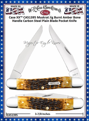 W.R. Case & Sons Cutlery CA51395 Case XX� Muskrat Jig Burnt Amber Bone Handle Carbon Steel Pocket Knife