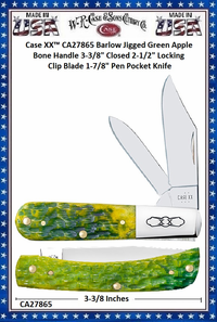 W.R. Case & Sons Cutlery CA27865 Case XX� Barlow Jigged Green Apple Bone Handle 3-3/8" Closed 2-1/2" Locking Clip 1-7/8" Pen Pocket Knife