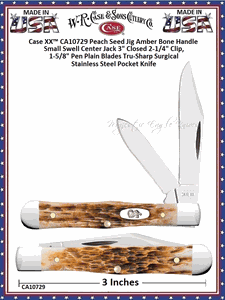 W.R. Case & Sons Cutlery CA10729 Case XX� Peach Seed Jig Amber Bone Small Swell Center Jack 3" Closed Tru-Sharp Stainless Steel Pocket Knife