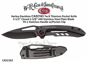 W.R. Case & Sons Cutlery CA52163 Case XX� Harley-Davidson TecX Titanium Pocket Knife 3-1/2" Closed 2-5/8" 440 Stainless Drop Point Plain Blade w/Titanium CoatingBlack Titanium Coated Handle with Harley-Davidson  Logo, Pocket Clip.Plain Blade