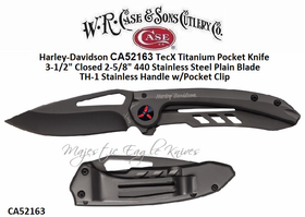 W.R. Case & Sons Cutlery CA52163 Case XX� Harley-Davidson TecX Titanium Pocket Knife 3-1/2" Closed 2-5/8" 440 Stainless Drop Point Plain Blade w/Titanium CoatingBlack Titanium Coated Handle with Harley-Davidson  Logo, Pocket Clip.Plain Blade
