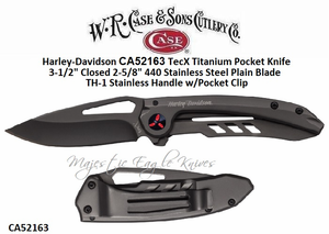 W.R. Case & Sons Cutlery CA52163 Case XX� Harley-Davidson TecX Titanium Pocket Knife 3-1/2" Closed 2-5/8" 440 Stainless Drop Point Plain Blade w/Titanium CoatingBlack Titanium Coated Handle with Harley-Davidson  Logo, Pocket Clip.Plain Blade