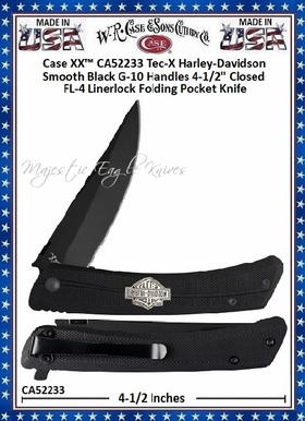 W.R. Case & Sons Cutlery CA52233 Case XX™ Tec-X Harley-Davidson FL-4 Linerlock Folding Pocket Knife 4-1/2" Closed 3-1/2" Stainless Steel Drop Point Plain Blade with a Black Coated Finish Black G-10 Handles W.R. Case & Sons Cutlery CA52233 Case XX™ Tec-X Harley-Davidson FL-4 Linerlock Folding Pocket Knife 4-1/2" Closed 3-1/2" Stainless Steel Drop Point Plain Blade with a Black Coated Finish Black G-10 Handles