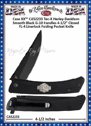W.R. Case & Sons Cutlery CA52233 Case XX� Tec-X Harley-Davidson FL-4 Linerlock Folding Pocket Knife 4-1/2" Closed 3-1/2" Stainless Steel Drop Point Plain Blade with a Black Coated Finish Black G-10 Handles
