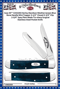  W.R. Case & Sons Cutlery CA52263 Case XX� Harley-Davidson Mediterranean Blue Bone Handle Mini Trapper 3-1/2" Closed 2-3/4" Clip 2-3/4" Spey Plain Blade Tru-sharp Surgical Stainless Steel Pocket Knife 