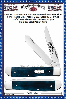  W.R. Case & Sons Cutlery CA52263 Case XX� Harley-Davidson Mediterranean Blue Bone Handle Mini Trapper 3-1/2" Closed 2-3/4" Clip 2-3/4" Spey Plain Blade Tru-sharp Surgical Stainless Steel Pocket Knife 