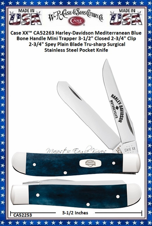  W.R. Case & Sons Cutlery CA52263 Case XX� Harley-Davidson Mediterranean Blue Bone Handle Mini Trapper 3-1/2" Closed 2-3/4" Clip 2-3/4" Spey Plain Blade Tru-sharp Surgical Stainless Steel Pocket Knife 