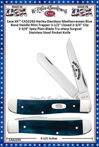 W.R. Case & Sons Cutlery CA52263 Case XX™ Harley-Davidson Mediterranean Blue Bone Handle Mini Trapper 3-1/2" Closed 2-3/4" Clip 2-3/4" Spey Plain Blade Tru-sharp Surgical Stainless Steel Pocket Knife W.R. Case & Sons Cutlery CA52263 Case XX™ Harley-Davidson Mediterranean Blue Bone Handle Mini Trapper 3-1/2" Closed 2-3/4" Clip 2-3/4" Spey Plain Blade Tru-sharp Surgical Stainless Steel Pocket Knife
