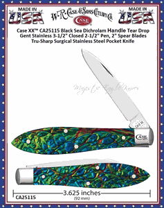 W.R. Case & Sons Cutlery CA25115 Case XX� Black Sea Dichrolam Handle Tear Drop Gent Stainless 3-3/2" Closed 2-1/2" Pen, 2" Spear Blades Tru-Sharp Surgical Stainless Steel Pocket Knife 