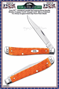 W.R. Case & Sons Cutlery CA35814 Case XX�  Crandall Jig Cayenne Bone Handle Slimline Trapper 4-1/4" Closed 3-1/4" Mirror Polished Tru-Sharp Surgical Steel Clip Point Plain Blade Pocket Knife