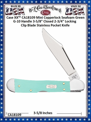 W.R. Case & Sons Cutlery CA18109 Case XX� Mini Copperlock Seafoam Green G-10 Handle 3-5/8" Closed 2-3/4" Locking Clip Green Stainless Pocket Knife 