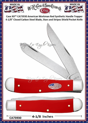 W.R. Case & Sons Cutlery CA73930 Case XX� American Workman Red Synthetic Handle Trapper 4-1/8" Closed Carbon Steel Blade, Stars and Stripes Shield Pocket Knife   