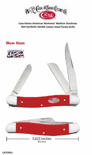 W.R. Case & Sons Cutlery CA73931 Case XX™ American Workman Red Synthetic Handle Medium Stockman 3-5/8" Closed Carbon Steel Blade, Stars and Stripes Shield Pocket Knife W.R. Case & Sons Cutlery CA73931 Case XX™ American Workman Red Synthetic Handle Medium Stockman 3-5/8" Closed Carbon Steel Blade, Stars and Stripes Shield Pocket Knife