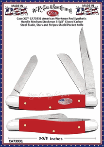 W.R. Case & Sons Cutlery CA73931 Case XX� American Workman Red Synthetic Handle Medium Stockman 3-5/8" Closed Carbon Steel Blade, Stars and Stripes Shield Pocket Knife