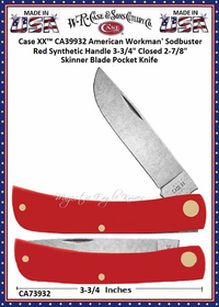 W.R. Case & Sons Cutlery CA73932 Case XX� American Workman Red Synthetic Handle Sod Buster Jr. 3-1/8" Closed Carbon Steel Blade, Stars and Stripes Shield Pocket Knife