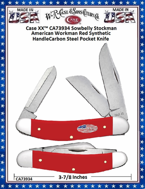 W.R. Case & Sons Cutlery CA73934 Case XX™ American Workman 3-7/8" Closed Red Synthetic Handle Stars and Stripes shield Sowbelly Pocket Knife W.R. Case & Sons Cutlery CA73934 Case XX™ American Workman 3-7/8" Closed Red Synthetic Handle Stars and Stripes shield Sowbelly Pocket Knife