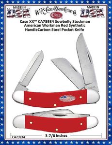 W.R. Case & Sons Cutlery CA73934 Case XX American Workman 3-7/8" Closed Red Synthetic Handle Stars and Stripes shield Sowbelly Pocket Knife 