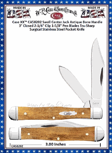 W.R. Case & Son's Cutlery CA58202 Case XX� Swell Center Jack Antique Bone Handle 3" Closed 2-1/4" Clip 1-5/8" Pen Blades Tru-Sharp Surgical Stainless Steel Pocket Knife