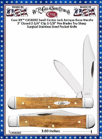 W.R. Case & Son's Cutlery CA58202 Case XX� Swell Center Jack Antique Bone Handle 3" Closed 2-1/4" Clip 1-5/8" Pen Blades Tru-Sharp Surgical Stainless Steel Pocket Knife