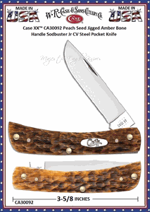 W.R. Case & Sons Cutlery CA30092 Case XX� Peach Seed Jigged Amber Bone Sodbuster Jr 3-5/8" Closed 2-7/8" Skinner Carbon Steel Plain Blade Pocket Knife