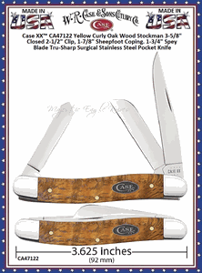  W.R. Case & Sons Cutlery CA47122 Case XX� Yellow Curly Oak Wood Stockman 3-5/8" Closed 2-1/2" Clip, 1-7/8" Sheepfoot Coping. 1-3/4" Spey Blade Tru-Sharp Surgical Stainless Steel Pocket Knife 
