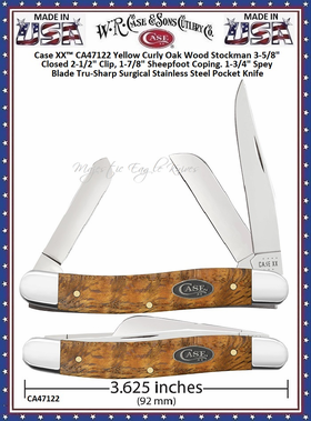 W.R. Case & Sons Cutlery CA47122 Case XX™ Yellow Curly Oak Wood Stockman 3-5/8" Closed 2-1/2" Clip, 1-7/8" Sheepfoot Coping. 1-3/4" Spey Blade Tru-Sharp Surgical Stainless Steel Pocket Knife W.R. Case & Sons Cutlery CA47122 Case XX™ Yellow Curly Oak Wood Stockman 3-5/8" Closed 2-1/2" Clip, 1-7/8" Sheepfoot Coping. 1-3/4" Spey Blade Tru-Sharp Surgical Stainless Steel Pocket Knife