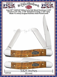  W.R. Case & Sons Cutlery CA47122 Case XX� Yellow Curly Oak Wood Stockman 3-5/8" Closed 2-1/2" Clip, 1-7/8" Sheepfoot Coping. 1-3/4" Spey Blade Tru-Sharp Surgical Stainless Steel Pocket Knife 