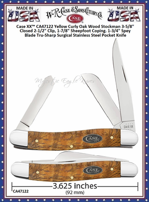  W.R. Case & Sons Cutlery CA47122 Case XX� Yellow Curly Oak Wood Stockman 3-5/8" Closed 2-1/2" Clip, 1-7/8" Sheepfoot Coping. 1-3/4" Spey Blade Tru-Sharp Surgical Stainless Steel Pocket Knife 
