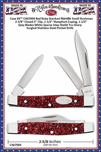 W.R. Case & Sons Cutlery CA67004 Case XX� Red Ruby Stardust Handle Small Stockman 2-5/8" Closed 2" Clip, 1-1/2" Sheepfoot Coping, 1-1/2" Spey Blades White Sparxx Inlay Shield Tru-Sharp Surgical Stainless Steel Pocket Knife