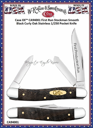 W.R. Case & Sons Cutlery CA94001 Case XX� First Run Stockman Smooth Black Curly Oak 3-3/8" Closed 2-1/2" Clip 1-5/8" Pen 1-5/8" Spey Blade Stainless 1/250 Pocket Knife 