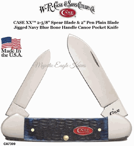 W.R. Case & Son's Cutlery CA7309 CASE XX� 2 5/8" Spear Point Blade and 2" Pen Plain Blade Jigged Navy Blue Bone Handle Canoe Pocket Knife