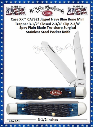 W.R. Case & Son's Cutlery CA7321 CASE XX™ 2 3/4" Clip blade and 2 3/4" Spey Plain Blade Jigged Navy Blue Bone Handle Mini Trapper Pocket Knife W.R. Case & Son's Cutlery CA7321 CASE XX™ 2 3/4" Clip blade and 2 3/4" Spey Plain Blade Jigged Navy Blue Bone Handle Mini Trapper Pocket Knife