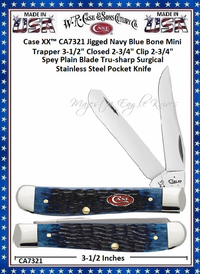 W.R. Case & Son's Cutlery CA7321 CASE XX� 2 3/4" Clip blade and 2 3/4" Spey Plain Blade Jigged Navy Blue Bone Handle Mini Trapper Pocket Knife