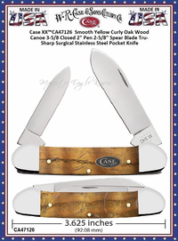  W.R. Case & Sons Cutlery CA47126  Case XX� Smooth Yellow Curly Oak Wood Canoe 3-5/8 Closed 2" Pen 2-5/8" Spear Blade Tru-Sharp Surgical Stainless Steel Pocket Knife  